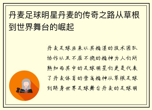 丹麦足球明星丹麦的传奇之路从草根到世界舞台的崛起